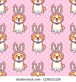 Seamless pattern with cute dog breed welsh corgi in a hat bunny ears, on a pink background with white dots. It can be used for packaging, wrapping paper, textile and etc.