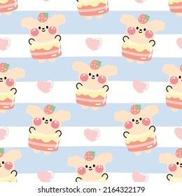 Seamless pattern of cute dog in cake costume with heart cartoon on checkered background.Animal character design.Dessert.Kawaii.Vector.Illustration.