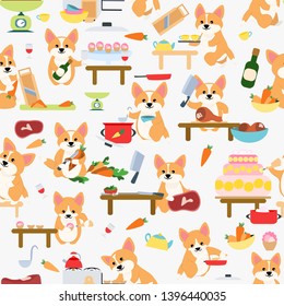 Seamless Pattern. Cute Dog Corgi Cooks Are Cooking In The Kitchen. Baking Cakes And Pastries, Cooking Vegetables And Meat. Cookware And Things For Cooking: Pots, Pans, Gas Stove. Vector Illustration 