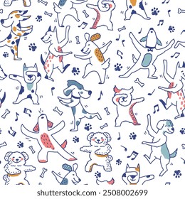 Seamless pattern of cute dog dancing. White background. Animal character cartoon design. 