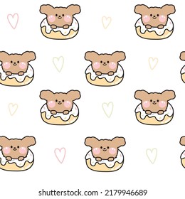 Seamless pattern of cute dog in donut cartoon with heart on white background.Animal character design.Food hand drawn.Image for card,poster,baby clothing.Repeat.Kawaii.Vector.Illustration.