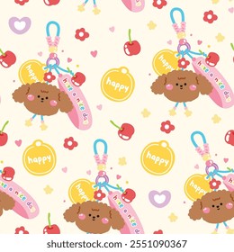 Seamless pattern of cute dog face head keychain bag with bead background.Happy text.Cherry,flower,star.Pet animal cartoon.Image for card,sticker,decoration item.Kawaii.Vector.Illustration.