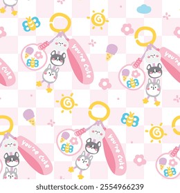 Seamless pattern of cute dog face head keychain bag with bead in ball background.Ice cream,flower,butterfly,cloud,sun,star.Pet animal cartoon.Kawaii.Vector.Illustration.