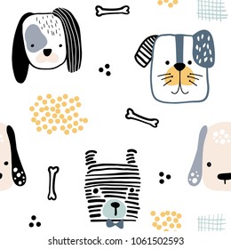 Seamless pattern with cute dog faces and hand drawn elements. Creative childish texture. Great for fabric, textile Vector Illustration