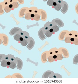 Seamless pattern of cute dog faces and bones on a gentle blue background. Vector illustration. Baby Wallpaper background.