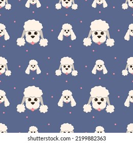 Seamless pattern, cute dog faces. A white dog on a lilac background. A poodle. Vector illustration.