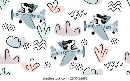 Seamless pattern with cute dog flying in an airplane and abstract shapes.Childish background for printing on fabrics and paper.Hand drawn vector isolated illustration in pastel colors with black.