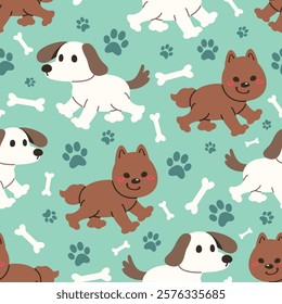 Seamless pattern of a cute dog, dog footprints and bone on a pastel green background. Perfect for gift wrapping, greeting cards, and decorations for special occasions.