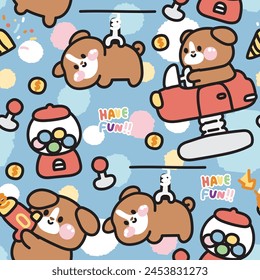 Seamless pattern of cute dog in game zone concept background.Pet animal character cartoon design collection.Fun time.Play.Toy machine.Image for card,poster,sticker,baby product.Kawaii.Vector.