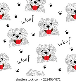 Seamless pattern with a cute dog. Hand drawn pet on white background. Doodle style vector illustration. Dog's footprint. Woof lettering. Black and white pattern with a dog. Vector pattern.