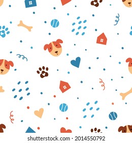 Seamless pattern with cute dog head on a white background. Vector illustration in doodle style with dog and cute elements. Perfect for pets shop decoration or pets products packing