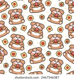 Seamless pattern of cute dog hold cookies on white background.Pet animal character cartoon design.Image for card,baby product,Print screen clothing.Bakery,dessert,sweet.Kawaii.Vector.Illustration.