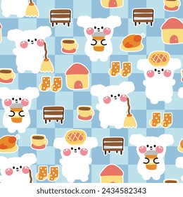 Seamless pattern of cute dog with icon on background.Household items.Pet animal character cartoon design.Image for card,poster,baby clothing.Kawaii.Vector.Illustration