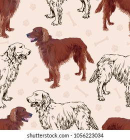 Seamless pattern with a cute dog, Irish Setter, tracks and bones.