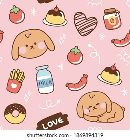 Seamless pattern of cute dog on pink background.Food and dessert concept.Animal cartoon.Graphic design.Image for wallpaper,printing,paper gift,texture.Kawaii.Vector.Illustration.