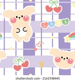 Seamless pattern of cute dog on purple checkered pattern background.Animals character cartoon design.Cherry,heart,love,star hand drawn.Kawaii.Vector.Illustration.