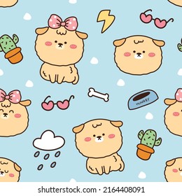 Seamless pattern of cute dog on blue background.Cartoon animal wallpaper.Sticker.Paper print.Kid graphic.Kawaii.Vector.Illustration.