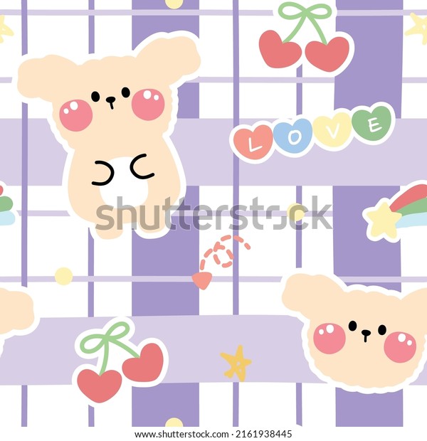 Seamless pattern of\
cute dog on purple checkered pattern background.Animals character\
cartoon design.Cherry,heart,love,star hand\
drawn.Kawaii.Vector.Illustration.