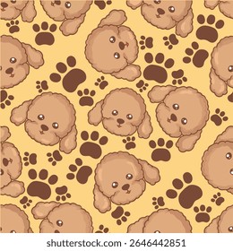 Seamless pattern with cute dog and paw prints on yellow background