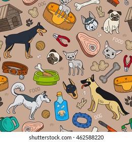 Seamless pattern with cute dog and pet accessories. Vector illustration