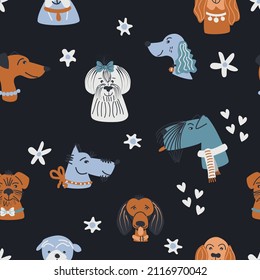 Seamless pattern with cute dog portraits and flowers. Vector illustration.