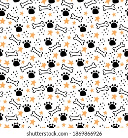 Seamless pattern of cute dog puppy symbol, toy, paw, footstep. Cartoon funny and happy dog concept with simple shape style. Illustration for background, wallpaper, textile, fabric.