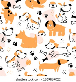 Seamless pattern of cute dog puppy. Cartoon funny and happy dog character with simple shape style. Illustration for background, wallpaper, textile, fabric.