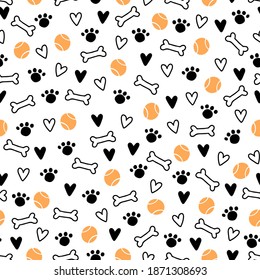 Seamless pattern of cute dog puppy symbol, toy, paw, footstep. Cartoon funny and happy dog concept with simple shape style. Illustration for background, wallpaper, textile, fabric.