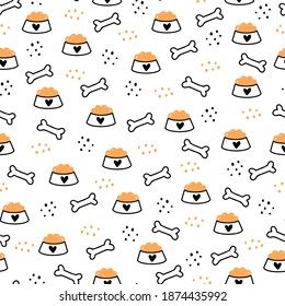 Seamless pattern of cute dog puppy symbol, toy, paw, footstep. Cartoon funny and happy dog concept with simple shape style. Illustration for background, wallpaper, textile, fabric.