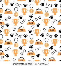 Seamless pattern of cute dog puppy symbol, toy, paw, footstep. Cartoon funny and happy dog concept with simple shape style. Illustration for background, wallpaper, textile, fabric.