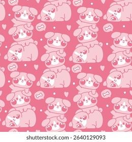 Seamless pattern of cute dog puppy stay on top each other line hand drawn with bone and heart background.Pet animal character cartoon design.Relax.Lay.Kawaii.Vector.Illustration.