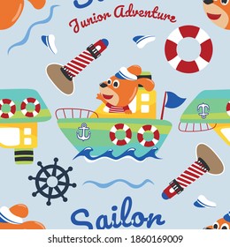 Seamless pattern with cute dog sailor, steering wheel, lifebuoy and lighthouse. Cute Marine pattern for fabric, baby clothes, background, textile, wrapping paper and other decoration.