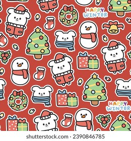 Seamless pattern of cute dog santa with merry christmas icon on red background.Pet animal character cartoon design.Sock,christmas tree,gift box,light,snowman hand drawn.Winter.Kawaii.Vector.