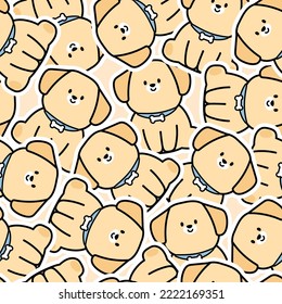 Seamless pattern of cute dog sit sticker background.Smile face puppy.Pet character design.Animal hand drawn.Repeat.Kawaii.Vector.Illustration.