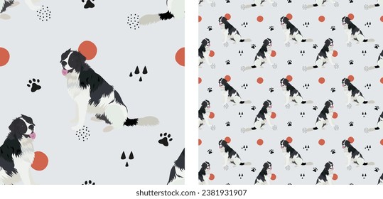 Seamless pattern, cute dog with tongue sticking out. Square format texture, t-shirt, poster, packaging, textile, wrapping paper. Trendy hand-drawn. Gift wallpaper. Newfoundland dog popular icon.