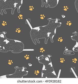 Seamless pattern with cute dog. Vector background.