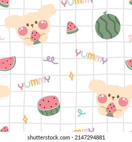 Seamless pattern of cute dog with watermelon on white background.Animal character design.Pastel.Repeat.Kawaii.Vector.Illustration.