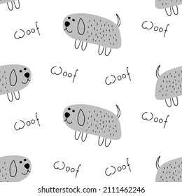 Seamless pattern with cute dog and woof text. Doodle. Vector illustration