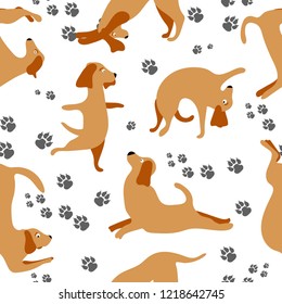 Seamless pattern. Cute dog yoga.  Transparent background. Vector hand drawn