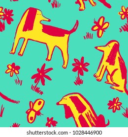 Seamless pattern with cute dogs. Background with pets and butterfly. Vector illustration with flowers and domestic doggy. Hand drawn design element for fabric, textile, backdrops in children style