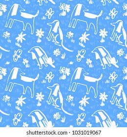 Seamless pattern with cute dogs. Background with pets and butterfly. Vector illustration with flowers and domestic doggy. Hand drawn design element for fabric, textile, backdrops in children  incomple