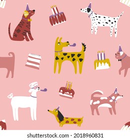 Seamless pattern with cute dogs in birthday hats with cakes: dachshund, jack russell, terrier, doberman. Animal pattern for kids textile, nursery decor, fabric, wrapping paper. Vector illustration. 