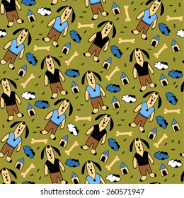 Seamless pattern with cute dogs, bones and house. Background for baby fabric, kids decorations, greeting cards, invitations. Vector texture.
