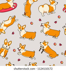 Seamless pattern. Cute dogs breed Welsh Corgi Pembroke on white background. A domestic pet, a happy royal animal for girls. Funny Red haired puppy looks like a fox. Vector illustration.