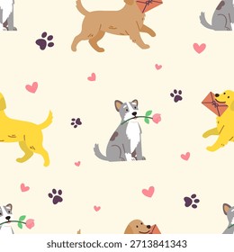 Patrón sin fisuras de perros lindos que llevan cartas de amor y rosas en sus bocas, que representan la lealtad y la entrega de regalos en estilo de Vector de diseño plano para tarjetas de San Valentín y embalaje de productos para mascotas.