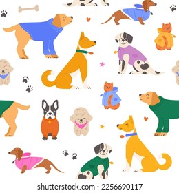 Seamless pattern with cute dogs and a cat wearing colorful winter outfits. Colorful hand drawn background vector illustration.