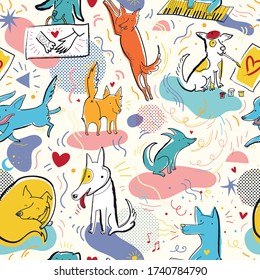 Seamless pattern with cute dogs characters and hand drawn elements in memphis style. Creative childish texture. Great for fabric, textile, web. Pop art vector Illustration.