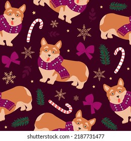 Seamless pattern of cute dogs and Christmas elements. Modern flat illustration for wrapping paper.