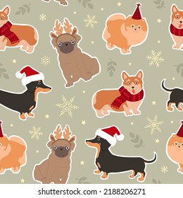 Seamless pattern of cute dogs and Christmas elements. Modern flat illustration for wrapping paper.