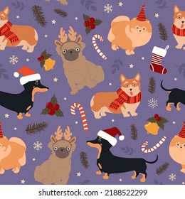 Seamless pattern of cute dogs and Christmas elements. Modern flat illustration for wrapping paper.